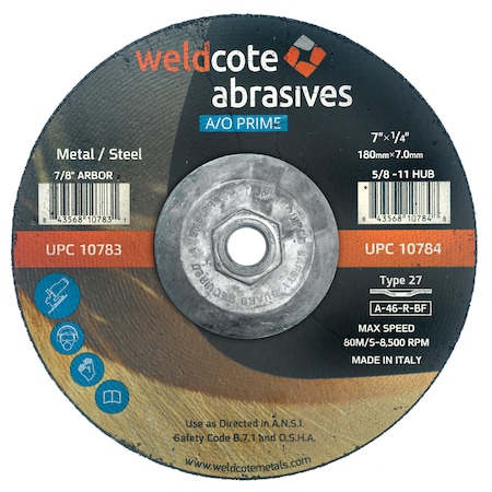 Weldcote Grinding Wheel 7 X 1/4 X 5/8-11 T27, A24-R-Bf A-Prime 10784